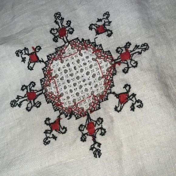 Antique Arts & Crafts Handmade Crewel Embroidered Flax Linen Tablecloth 55”x55” - Picture 4 of 8